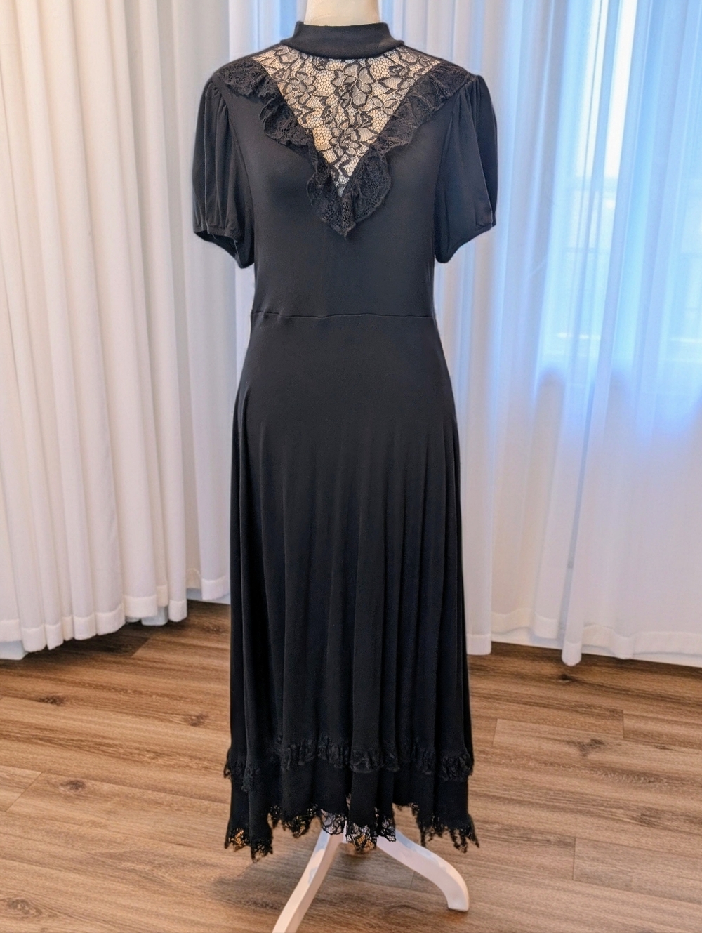 Soft Black Gothic Victorian Inspired Maxi Dress With Lace Detail- Cosmic Aura